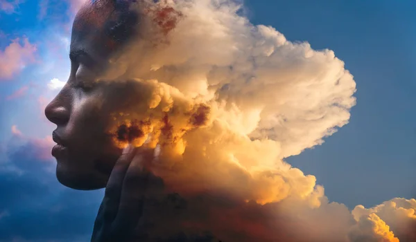 Multiexposure of black female and volume cloud — Stock Photo, Image