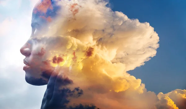 Multiexposure of black female and volume cloud — Stock Photo, Image