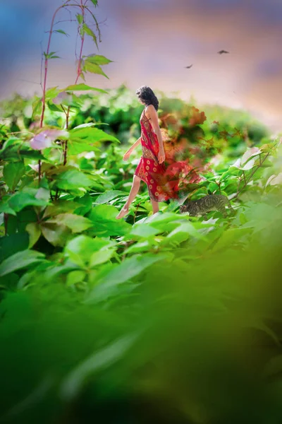 Mulher de vestido vermelho andando sobre folhas — Fotografia de Stock