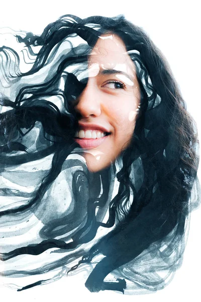 Smiling woman combined with painting — Stock Photo, Image