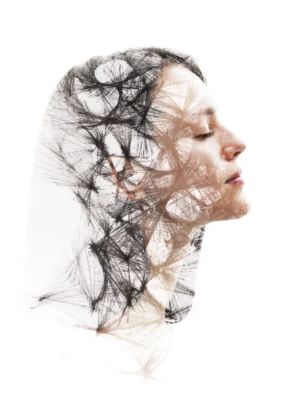 Portrait combined with pen drawing — Stock Photo, Image