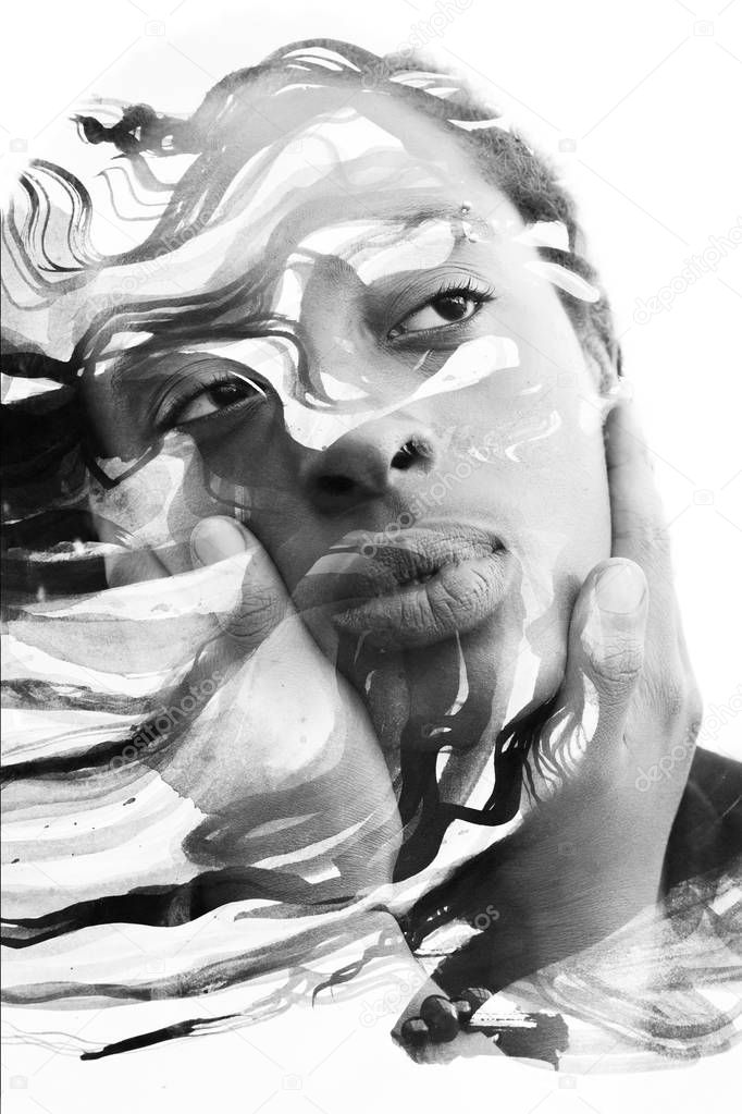 Woman touching her face combined with ink painting