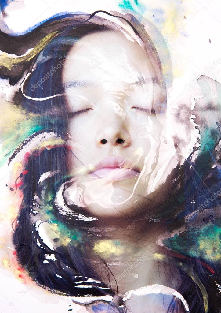 Woman face combined with watercolor painting