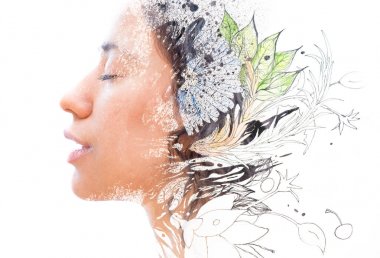 Kadın portre ve elle çizilmiş resim benzersiz Çift pozlama