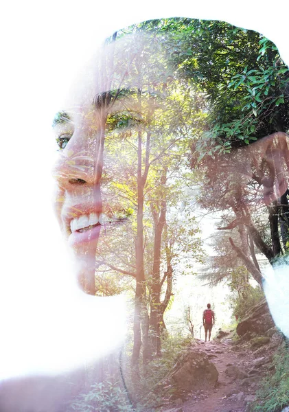 Double Exposure Young Natural Woman Trees Sunlight — Stock Photo, Image