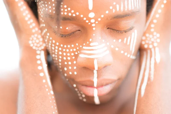 Portrait African American Man Strong Features White Face Paint Placing — Stock Photo, Image