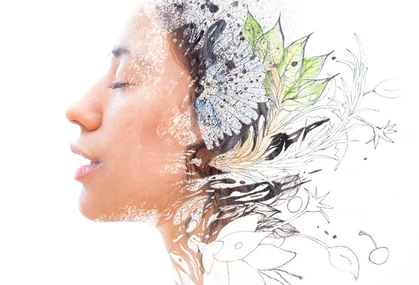 Unique Double Exposure Female Portrait Hand Drawn Painting — Stock Photo, Image