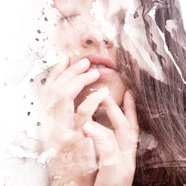Multi Exposure Portrait Woman Touching Her Face Combined Ink Painting — Stock Photo, Image