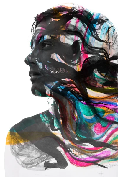 Mehrfachbelichtung Des Männlichen Gesichts Kombiniert Mit Handgezeichneten Maltechniken — Stockfoto