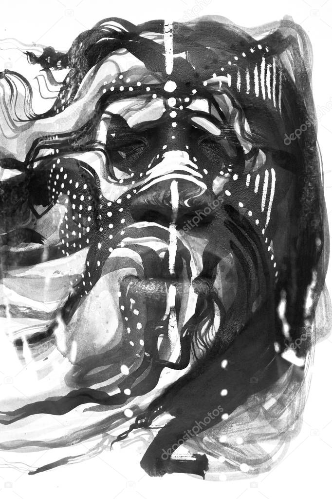 Paintography of african american man with traditional style face paint dissolving behind watery ink brush strokes