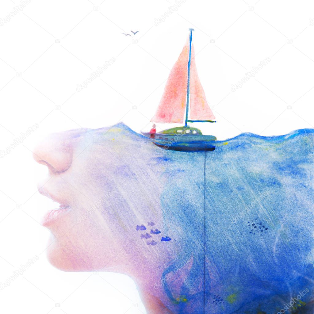 Unique double exposure of female portrait and hand drawn watercolour painting of sea with ship