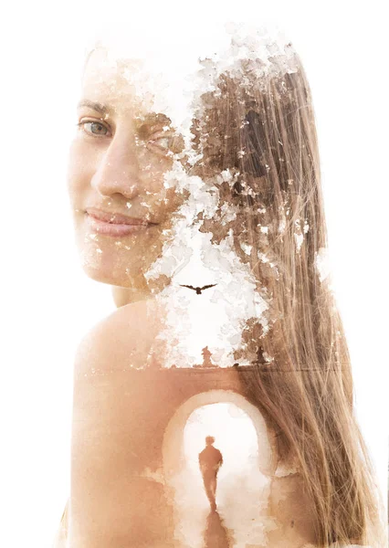 Paintography. Double exposure portrait combined with hand drawn — Stock Photo, Image