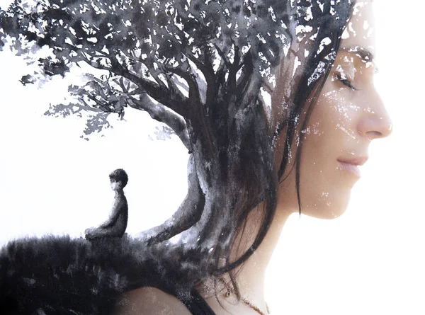 Paintography. Double Exposure portrait of a serene woman with cl — Stock Photo, Image