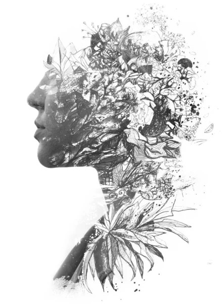 Paintography. Double exposure close up portrait of a young natur — Stock Photo, Image