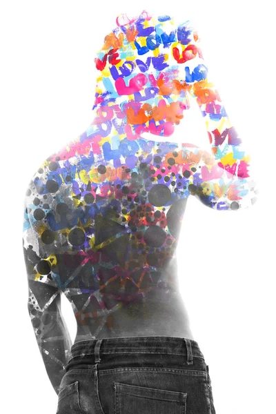 Paintography. Double exposure of a young shirtless male model bl — Stock Photo, Image