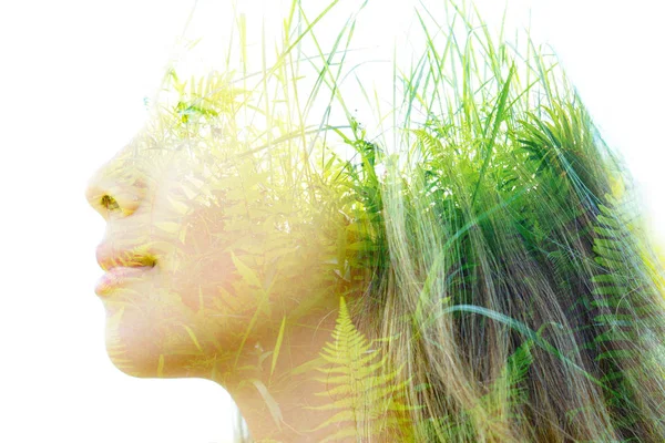 Double exposure of a healthy natural beauty's profile combined w — Stock Photo, Image