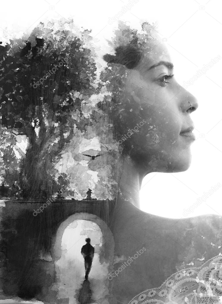 Paintography. Double exposure portrait combined with hand drawn 