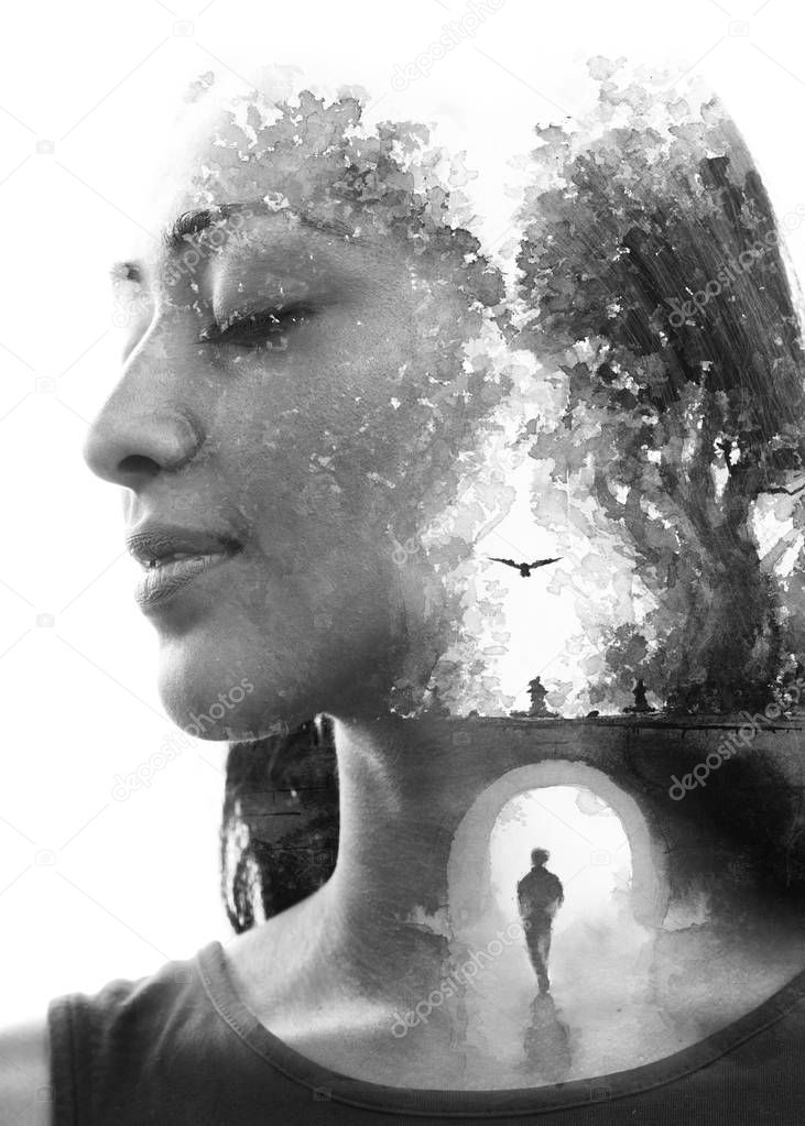 Paintography. Double exposure portrait combined with hand drawn 