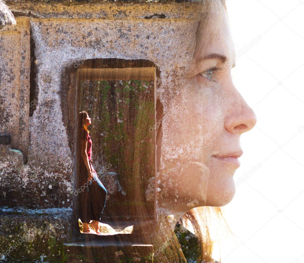 Double exposure of female traveller combined with peaceful templ