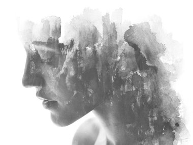 Paintography. Double exposure. Close up of an attractive model c clipart