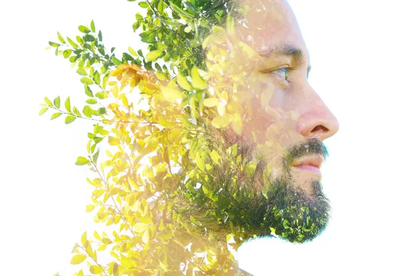 Double exposure of a young handsome man���s portrait blended wit — Stock Photo, Image