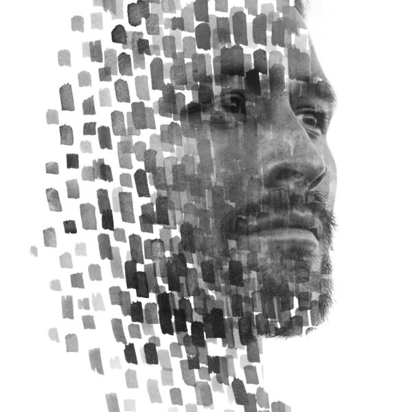 Paintography. Double exposure of an attractive male model combin