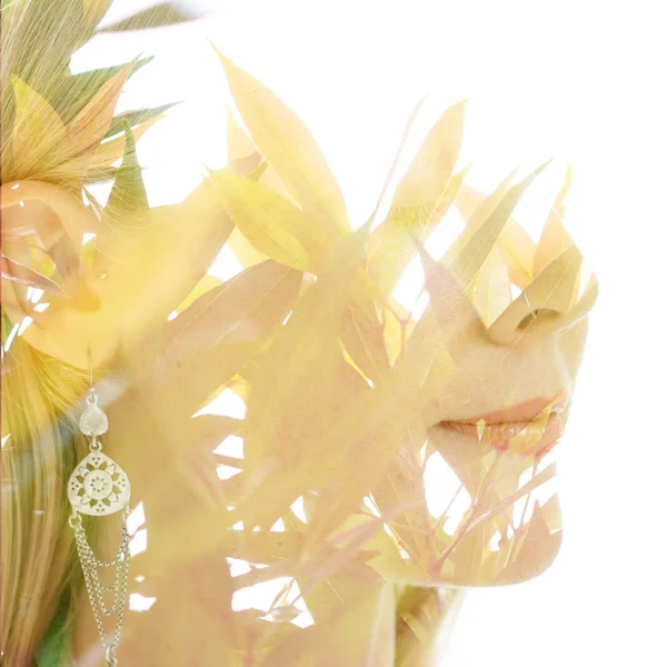 Double exposure of a healthy natural beauty's profile combined w — Stock Photo, Image