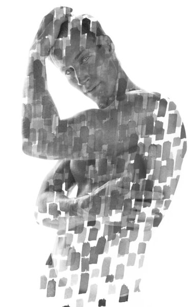 Paintography. Double exposure of a young shirtless male model bl