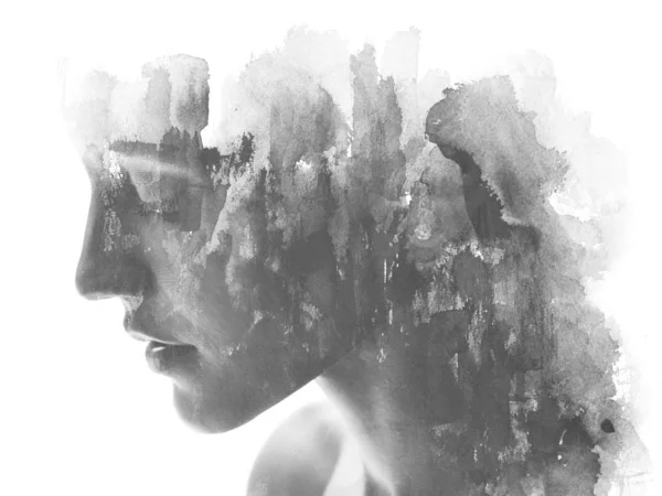 Paintography. Double exposure. Close up of an attractive model c — Stock Photo, Image