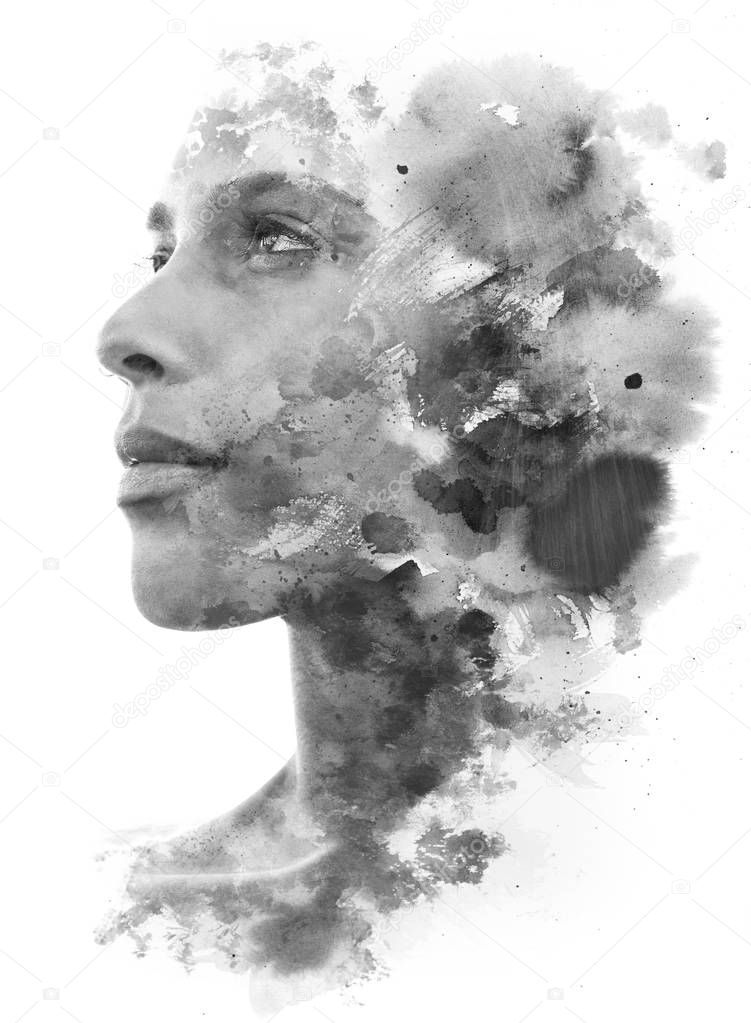 Paintography. Double exposure. Close up of an attractive model c