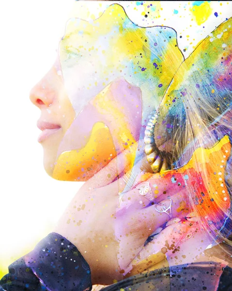 Paintography. Double exposure of a peaceful, attractive model combined with hand drawn painting of vibrant waves — Stock Photo, Image