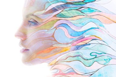 Paintografi. Elle çizilmiş mürekkep resmiyle birleştirilmiş genç bir kadının iki portresi. 