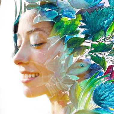 Paintografi. Tabloyla birleştirilmiş bir kadın portresi.