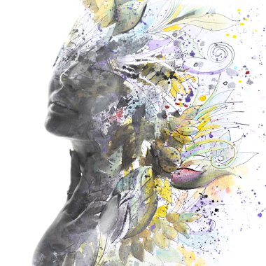 Paintografi. Tabloyla birleştirilmiş bir kadın portresi.