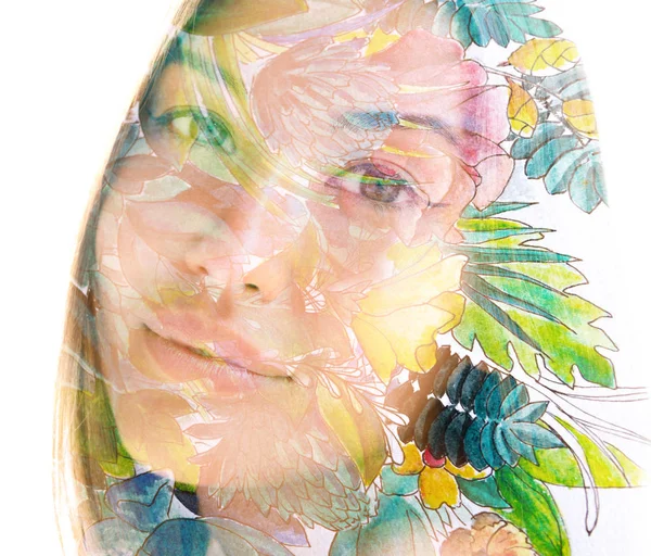 Malarstwo. Portret kobiety połączony z obrazem — Zdjęcie stockowe