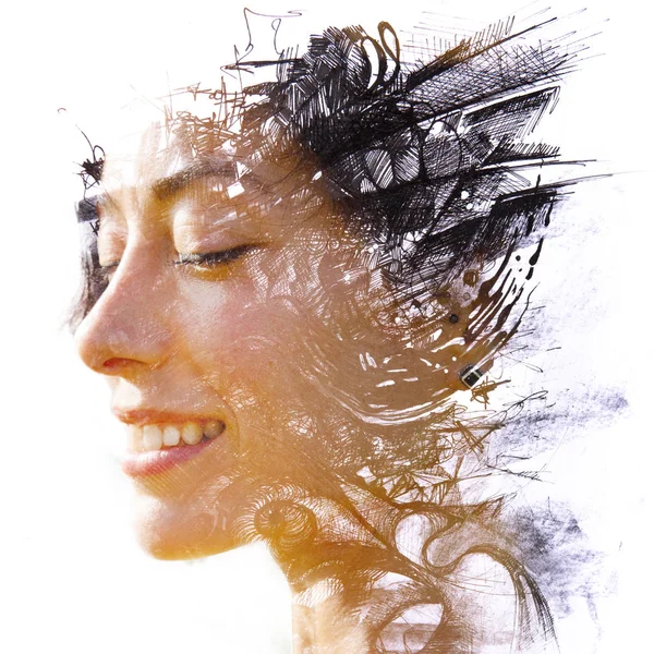 Double exposure of female model combined with hand drawn paintings — Stock Photo, Image