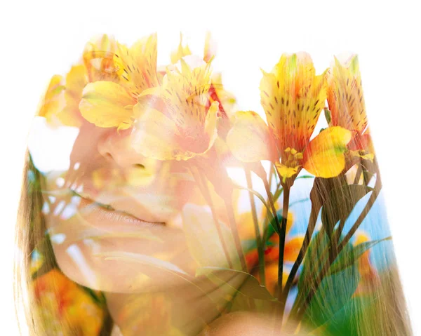 Double exposure close up portrait of a young pretty woman interw — Stock Photo, Image