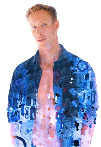 Paintography. Double exposure of a young fit male model with an — Stock Photo, Image