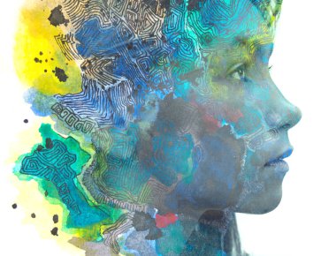 Paintografi. El çizimi elementle birleştirilmiş bir portre.