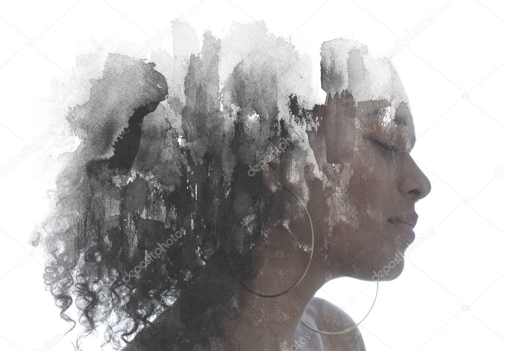 Paintography portrait of an attractive woman combined with an abstract ink painting