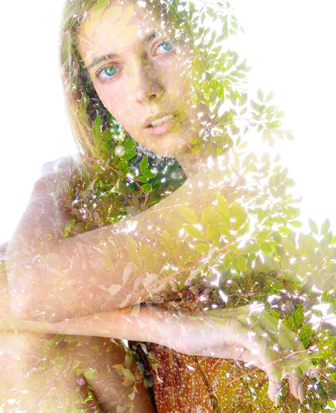 Surreal creative double exposure portrait — Stock Photo, Image