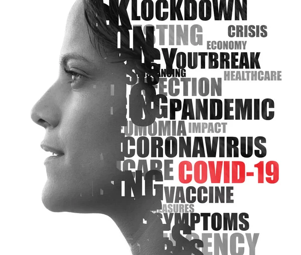 Coronavirus woord wolk. Dubbele belichting portret. — Stockfoto