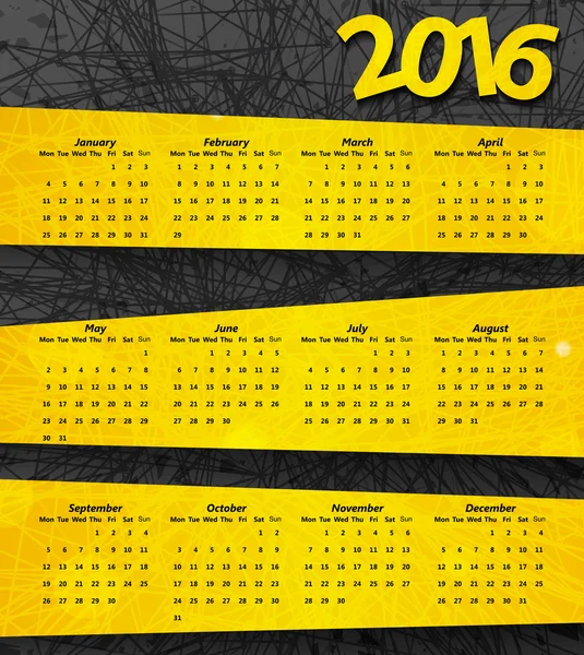 2016 year calendar with yellow lines — Stock Vector