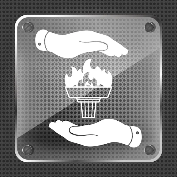 Pictogram van de fakkel van de glas met vlam in handen — Stockvector