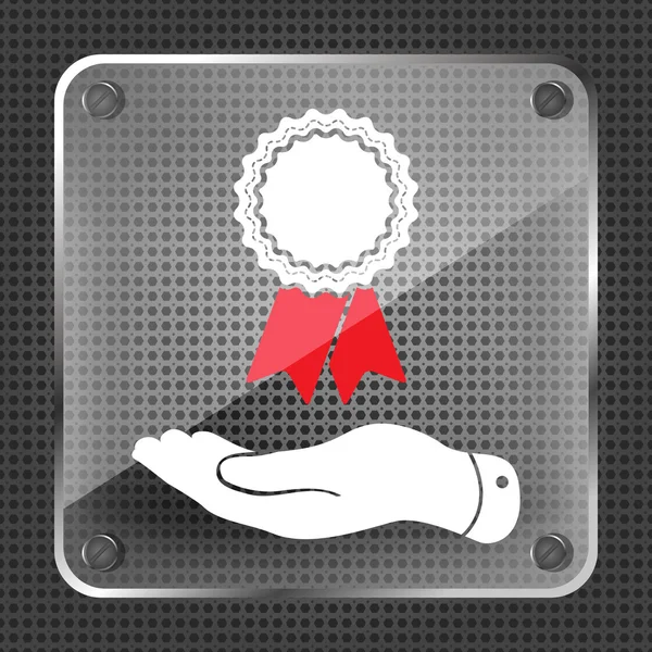 Hand geven badge met rode linten pictogram — Stockvector