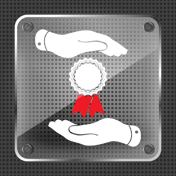 Twee handen bescherming van badge met linten pictogram — Stockvector