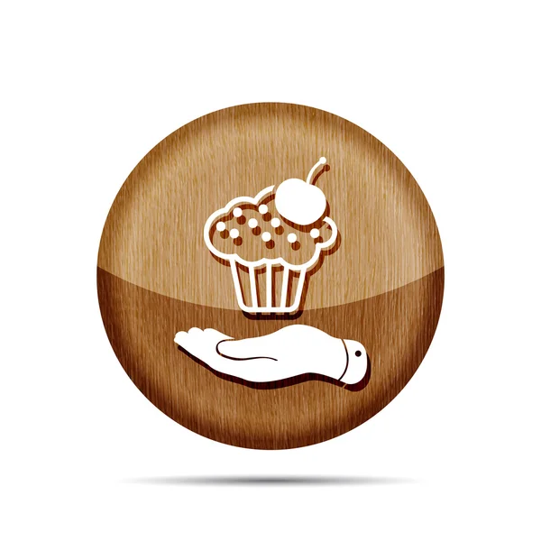 Mano plana de madera presentando icono de pastel negro con cereza en un gre — Vector de stock