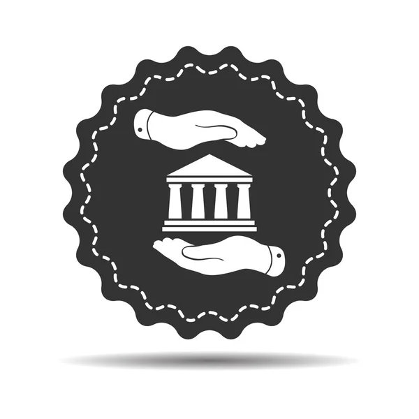 Dos manos con insignia con icono del banco — Vector de stock