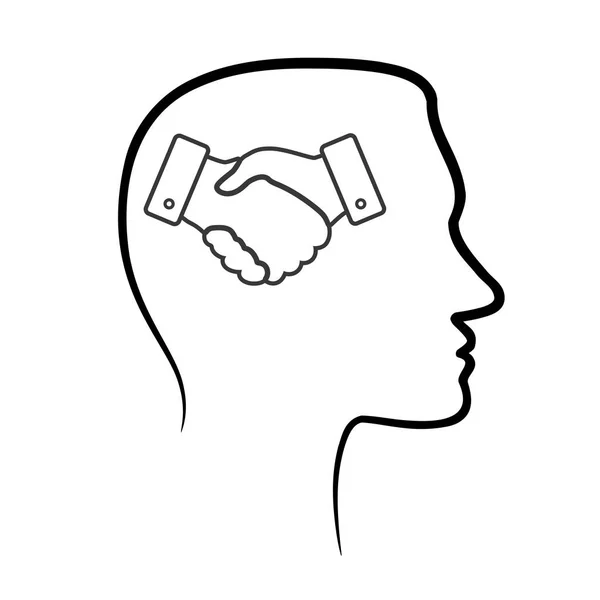 Icono de diseño de contorno con cabeza humana, cerebro y mano lineal negro — Vector de stock