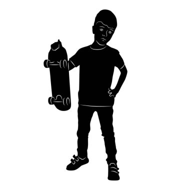 elinde beyaz bir arka plan üzerinde izole bir kaykay ile ayakta bir çocuk silüeti